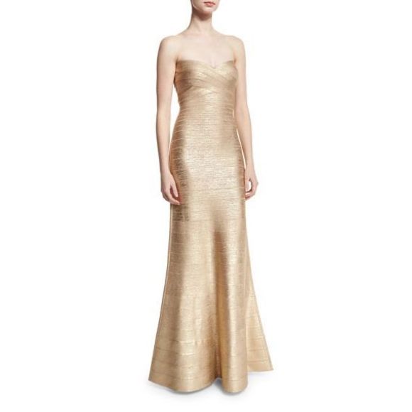 New Herve Leger Sara Fit n Flare Bandage Maxi Dress Gown Gold Foil XS $1799 - Picture 13 of 13
